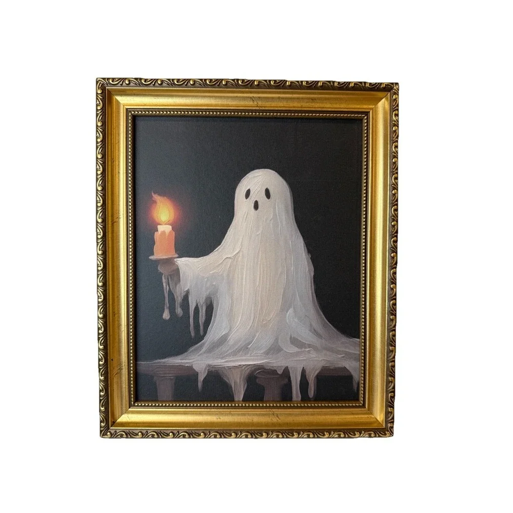Halloween Gold Vintage Framed Ghost Lit Candle‎ Wall Art 10